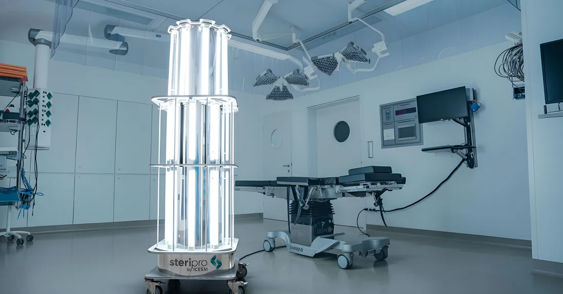 Robot SteriPro positionné dans une salle médicale